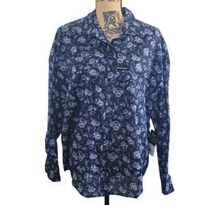 Medium NWT Lee navy blue floral button up collared floral blouse w/ no gap snaps